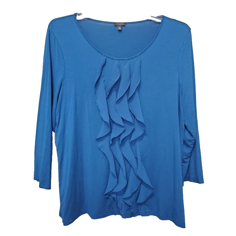 Talbots Teal Jersey Knit Chiffon Ruffle Scoop Neck Long Sleeve Blouse Size XL